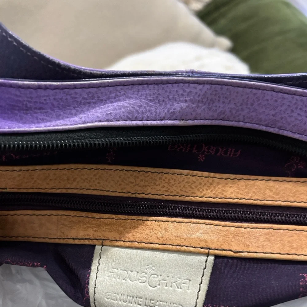 ANUSCHIKA India Purple Leather Floral‎ Triple Compartment Large Satchel Bag